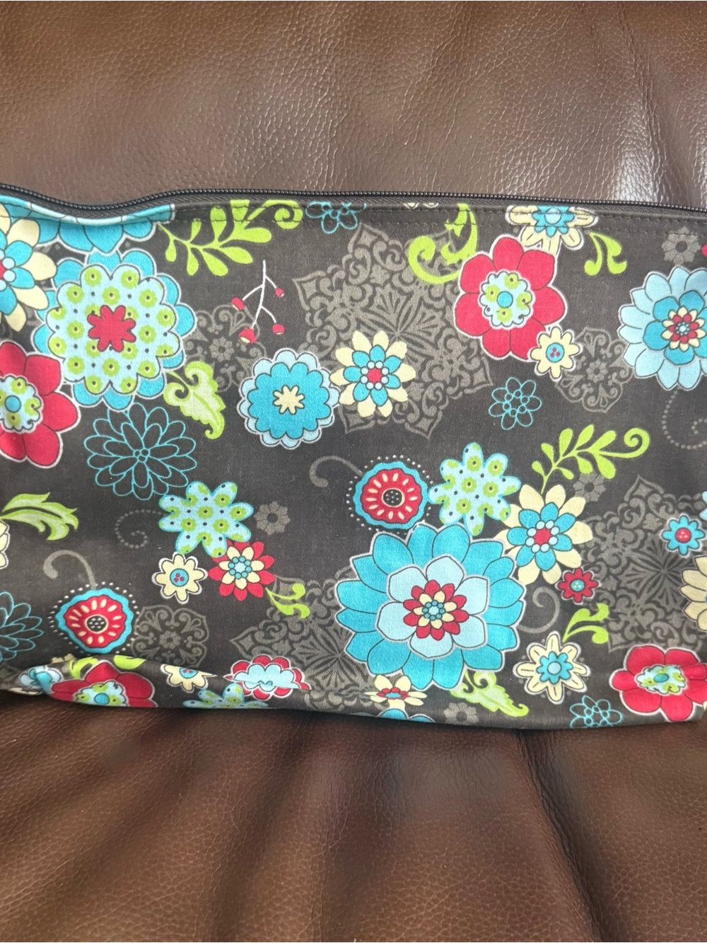 Thirty-One Floral Pattern Zippered Pouch - Brown with Blue, Red & Lime Accents